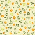 Orange daisies green leaves twigs ditsy on light vector seamless pattern design.