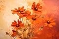 Orange daisys pressed dried flowers in style of watercolor and orange background