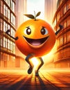 An orange dancing on a city plaza.