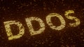 Orange DDOS text made with flying luminescent particles. Information technology related loopable 3D rendering