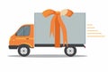 Orange delivery van with ribbon on white background. Product goods shipping transport. Fast service truck