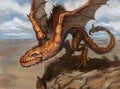 Orange desert dragon spreading its wings to jump from a cliff and fly down into the valley - digital fantasy painting