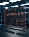 Orange digital interface displays threat detection data and graphs in a futuristic data center technology Royalty Free Stock Photo