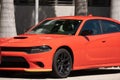 Orange Dodge Charger closeup front drivers quarter