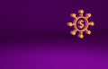 Orange Dollar, share, network icon isolated on purple background. Minimalism concept. 3d illustration 3D render