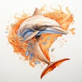 Orange Dolphin Jumping In Air - Detailed Portraiture Artwork