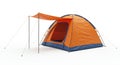 Orange dome-shaped camping tent with a blue base, featuring a front door opening. Royalty Free Stock Photo