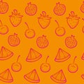Orange doodle seamless background with red fruits