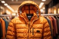 an orange down jacket in a store. ai generative