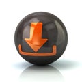 Orange download icon on black glossy sphere