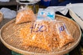 Orange dried shrimp in bags for sale in the market, Thailand Royalty Free Stock Photo