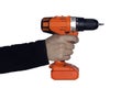 orange Drill in hand isolated. white background. tightening the screws Royalty Free Stock Photo