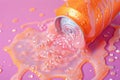 Orange drink can with pink spilled liquid. the drops are sparkling all around