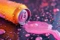 Orange drink can with pink spilled liquid. the drops are sparkling all around