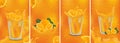 Orange drink. Fresh orange splash with fruits. 3D realistic fruit juice. Orange sliced with green leaf. Set illustration