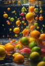 Orange is dropped into water splash isolated on dark background. Fresh fruits splashing into clear water Royalty Free Stock Photo