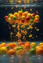 Orange is dropped into water splash isolated on dark background. Fresh fruits splashing into clear water Royalty Free Stock Photo