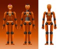 Orange dummy for crash test with pink brains & smile, mechanical mannequin, artificial intelligence concept