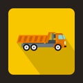 Orange dump truck icon, flat style