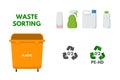 Orange dumpster for plastic. Waste sorting set vector illustration