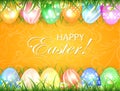 Orange Easter background with eggs in grass