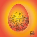 Orange Easter egg with drawing of town landscape with houses, stars, stylized waves on orange background. Greeting card with text