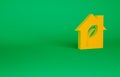 Orange Eco friendly house icon isolated on green background. Eco house with leaf. Minimalism concept. 3d illustration 3D Royalty Free Stock Photo