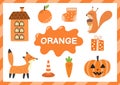 Orange. Educational worksheet for kids. Learning the color orange set Royalty Free Stock Photo