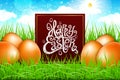 Orange eggs in a field of grass with blue sky. happy easter lettering modern calligraphy, vector Royalty Free Stock Photo