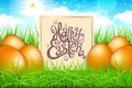 Orange eggs in a field of grass with blue sky. happy easter lettering modern calligraphy, vector Royalty Free Stock Photo