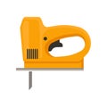 Orange electric jigsaw. Hand tool with fine sharp blade for woodwork. Flat vector for promo poster of hardware store