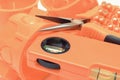 Orange electrical boxes and other components and tools using in electrical installations
