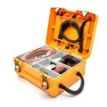 Orange electrician\'s toolbox with cables and black tools in a box on a white background