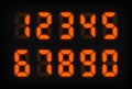 Orange electronic numbers on black background. LED clock. Digital Watch. Electronic dial. Digital alarm clock. Vector