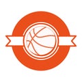 Orange emblem with basketball ball and ribbon in middle