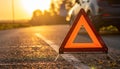 Orange Emergency Triangle on Road at Sunset Royalty Free Stock Photo