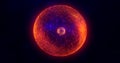 Orange energy sphere with glowing bright particles, atom with electrons