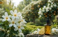 orange essential oil bottle against oranges garden. Ai generated Royalty Free Stock Photo