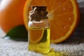 Orange essential oil in a glass bottle for skin care, spa, wellness, massage, aromatherapy and natural medicine. Royalty Free Stock Photo