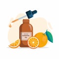 Orange essential oil in glass bottle and fresh oranges Royalty Free Stock Photo