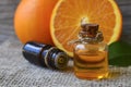 Orange essential oil in a glass bottles for skin care, spa, wellness, massage, aromatherapy and natural medicine. Royalty Free Stock Photo