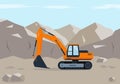 Orange excavator digs soil near mountains.