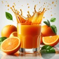 orange falling into a glass of orange juice beautiful splash of juice isolated on white background Royalty Free Stock Photo