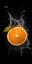 Orange falls into the water and making splashes. Concept of fresh summer fruits fruits in water. Royalty Free Stock Photo