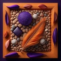 orange feathers and purple circles red pebbles and purple cubes background for cosmetic products, mock up pedestal AI