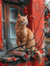 An orange Felidae with whiskers sits on a branch with red berries