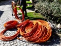 Orange fibre or fiber optic cables at garden for excavation Royalty Free Stock Photo