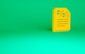 Orange Finance document icon isolated on green background. Paper bank document for invoice or bill concept. Minimalism