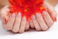 Orange fingernails and bright flower