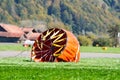 Orange fire fighting bag for helicopter super Puma on the ground